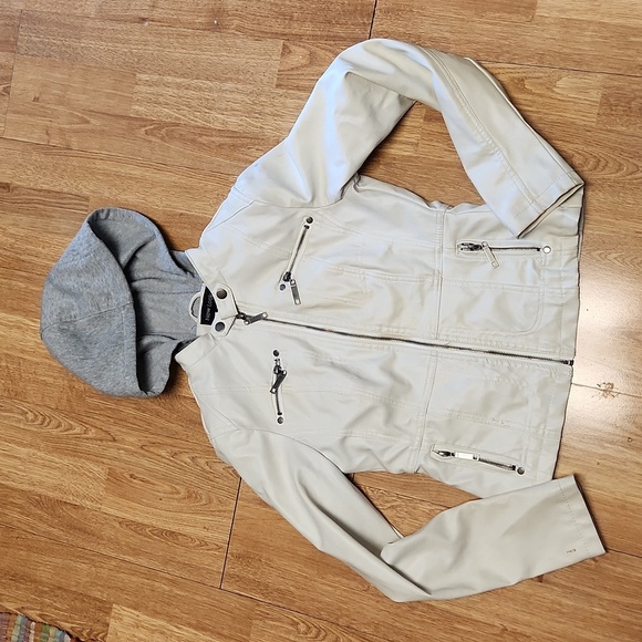 New Look cream faux leather hooded moto jacket sz small - Picture 1 of 4